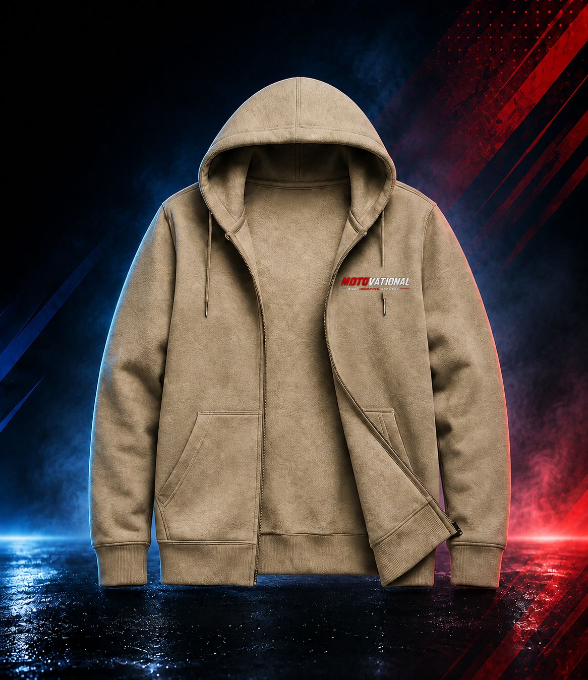 Front view of the Motovational zip-up hoodie in Taupe, unzipped to show the inner lining, hood down