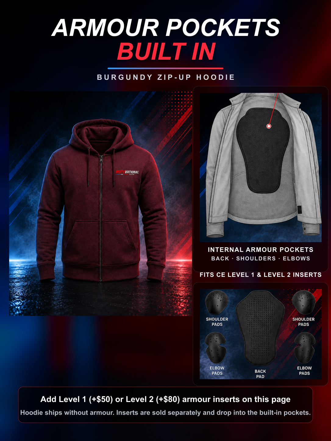 Burgundy Motovational zip-up hoodie: internal armour pockets at the back, shoulders and elbows fit CE Level 1 and Level 2 inserts (sold separately)