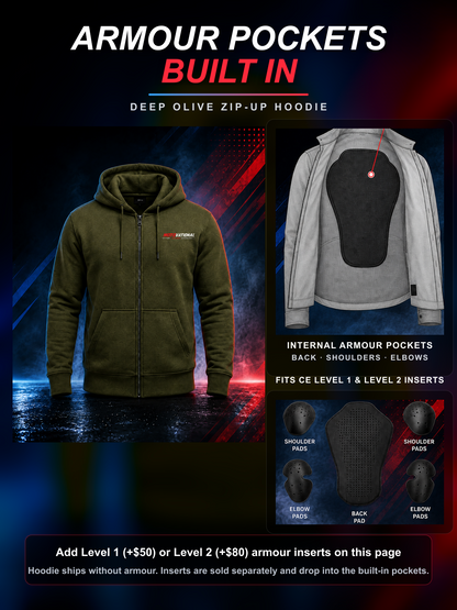 Deep Olive Motovational zip-up hoodie: internal armour pockets at the back, shoulders and elbows fit CE Level 1 and Level 2 inserts (sold separately)