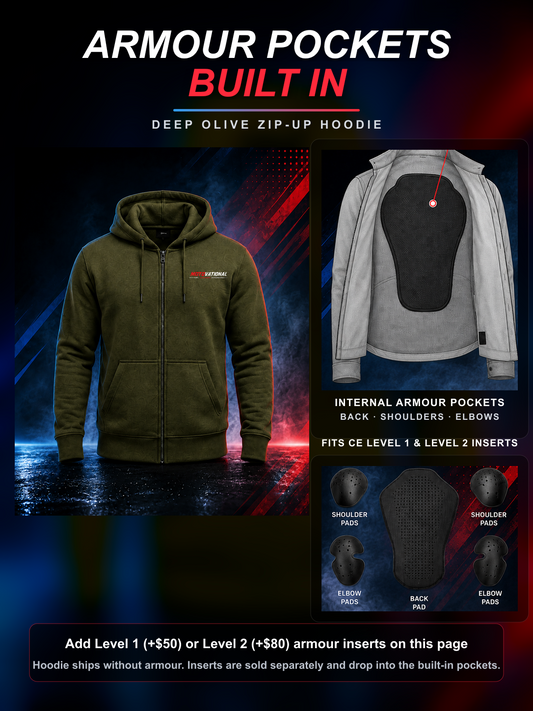 Deep Olive Motovational zip-up hoodie: internal armour pockets at the back, shoulders and elbows fit CE Level 1 and Level 2 inserts (sold separately)