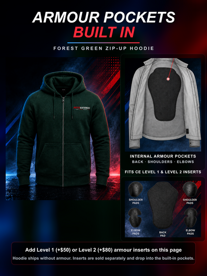 Forest Green Motovational zip-up hoodie: internal armour pockets at the back, shoulders and elbows fit CE Level 1 and Level 2 inserts (sold separately)