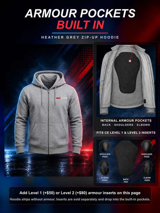Heather Grey Motovational zip-up hoodie: internal armour pockets at the back, shoulders and elbows fit CE Level 1 and Level 2 inserts (sold separately)