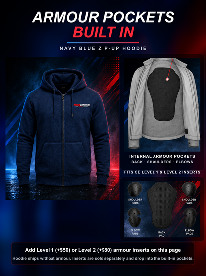 Navy Blue Motovational zip-up hoodie: internal armour pockets at the back, shoulders and elbows fit CE Level 1 and Level 2 inserts (sold separately)