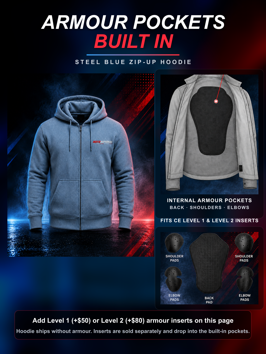 Steel Blue Motovational zip-up hoodie: internal armour pockets at the back, shoulders and elbows fit CE Level 1 and Level 2 inserts (sold separately)